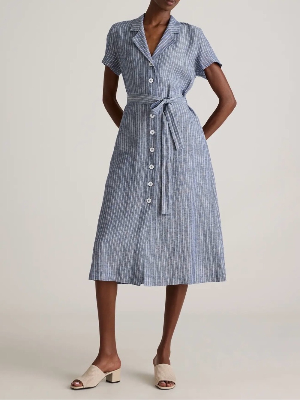 Quince Blue Stripe Midi Shirt Dress with Tie Waist